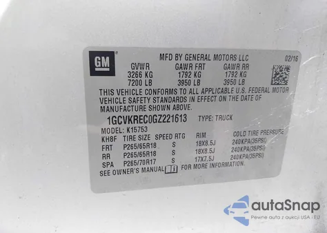 2016 Chevrolet Silverado 1500 2Lt из США, поврежденный, VIN 1GCVKREC0GZ221613